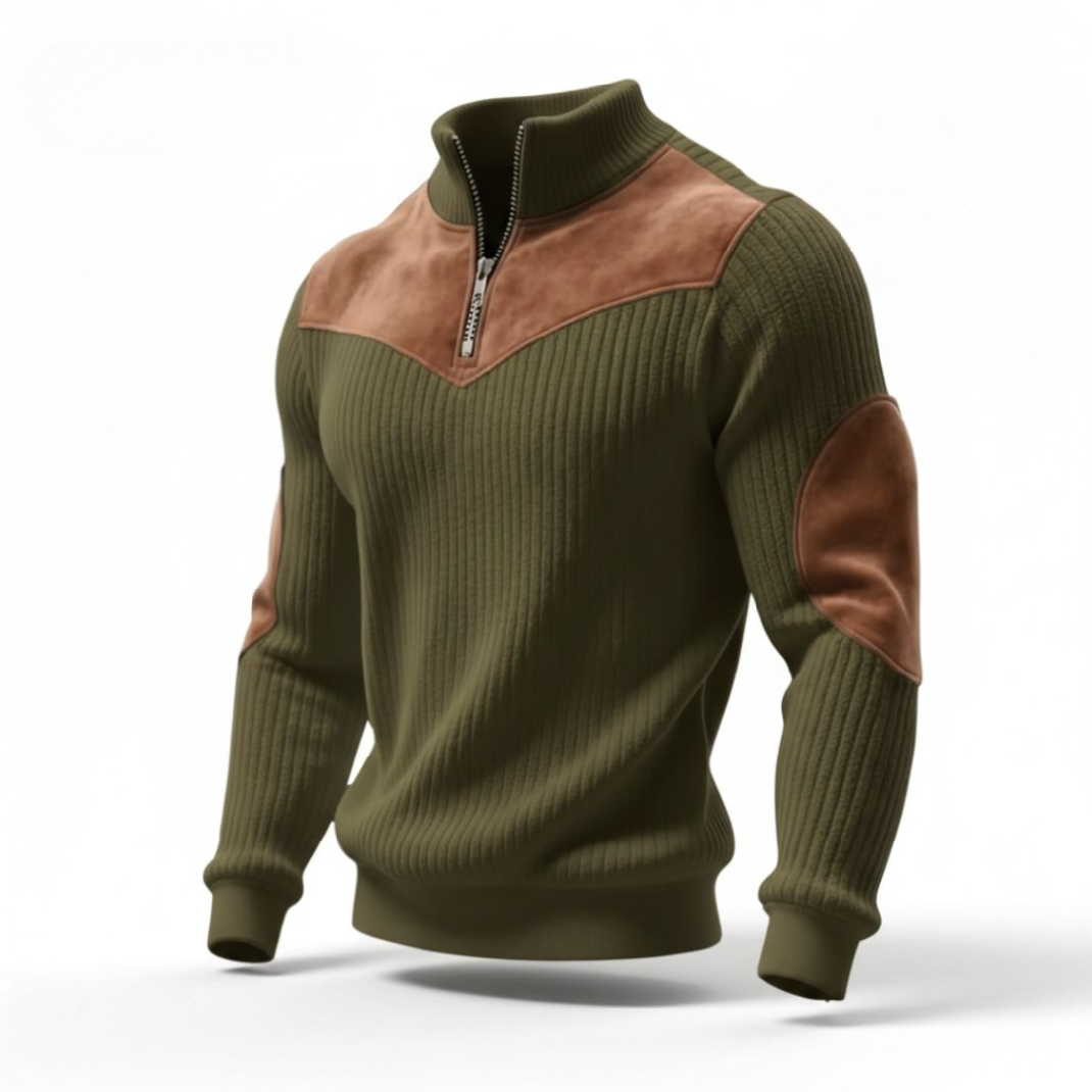 Ribbed Zip Sweater with Suede Accents