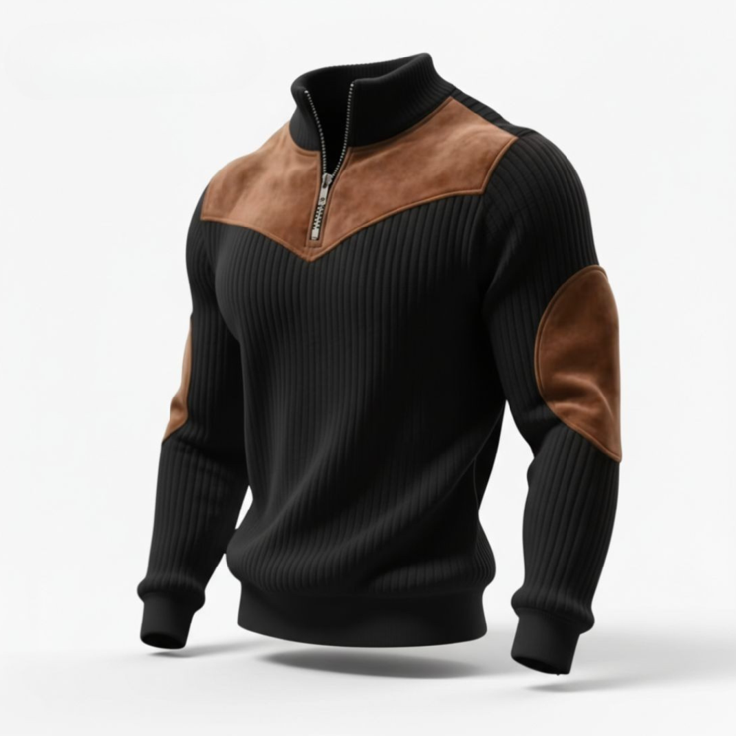 Ribbed Zip Sweater with Suede Accents